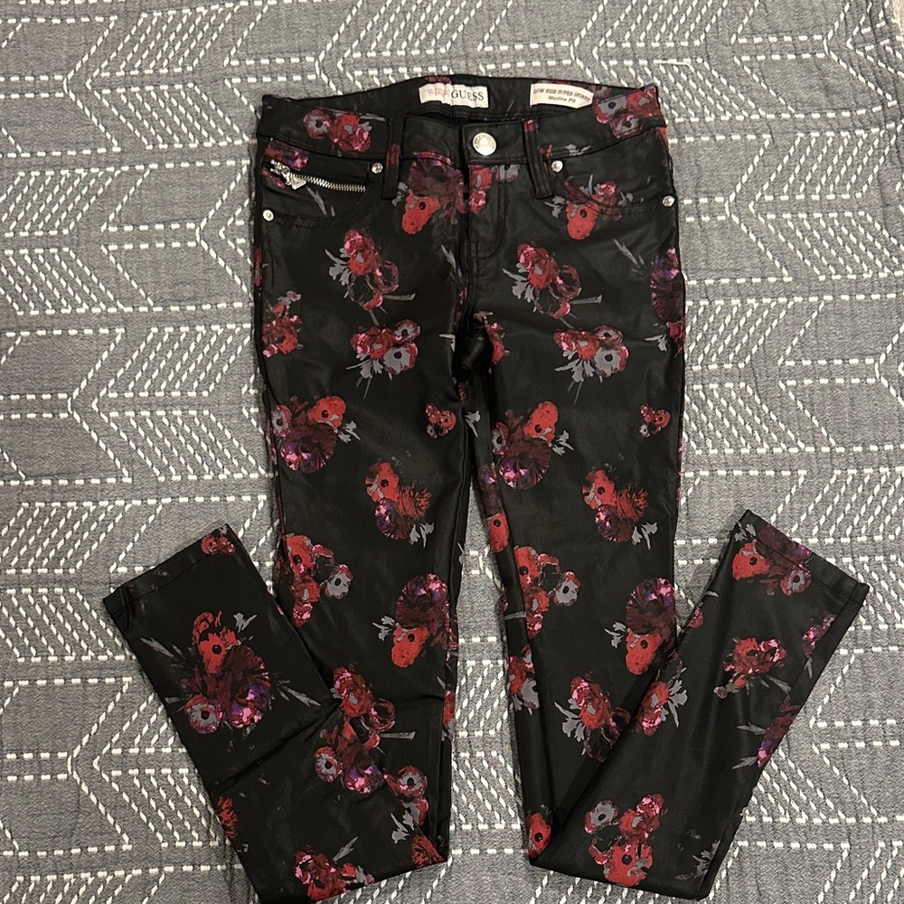 Guess Black Pants with Red and Pink Floral Pattern